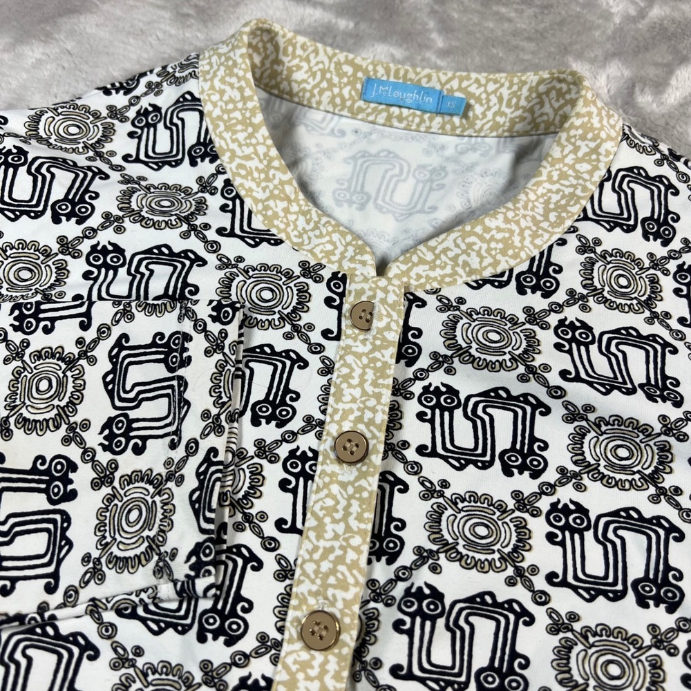 J.McLaughlin Women XS Tunic White Black Aztec Tribal Print Catalina Cloth Top